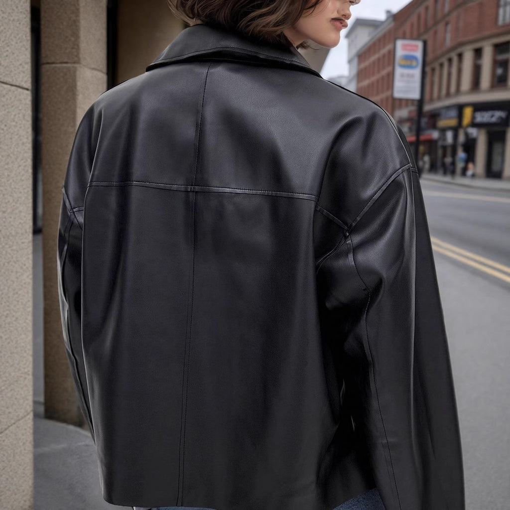 Autumn Winter Polo Collar Zipper with Double Pockets Black Cropped Leather Coat Women Cool Rustling
