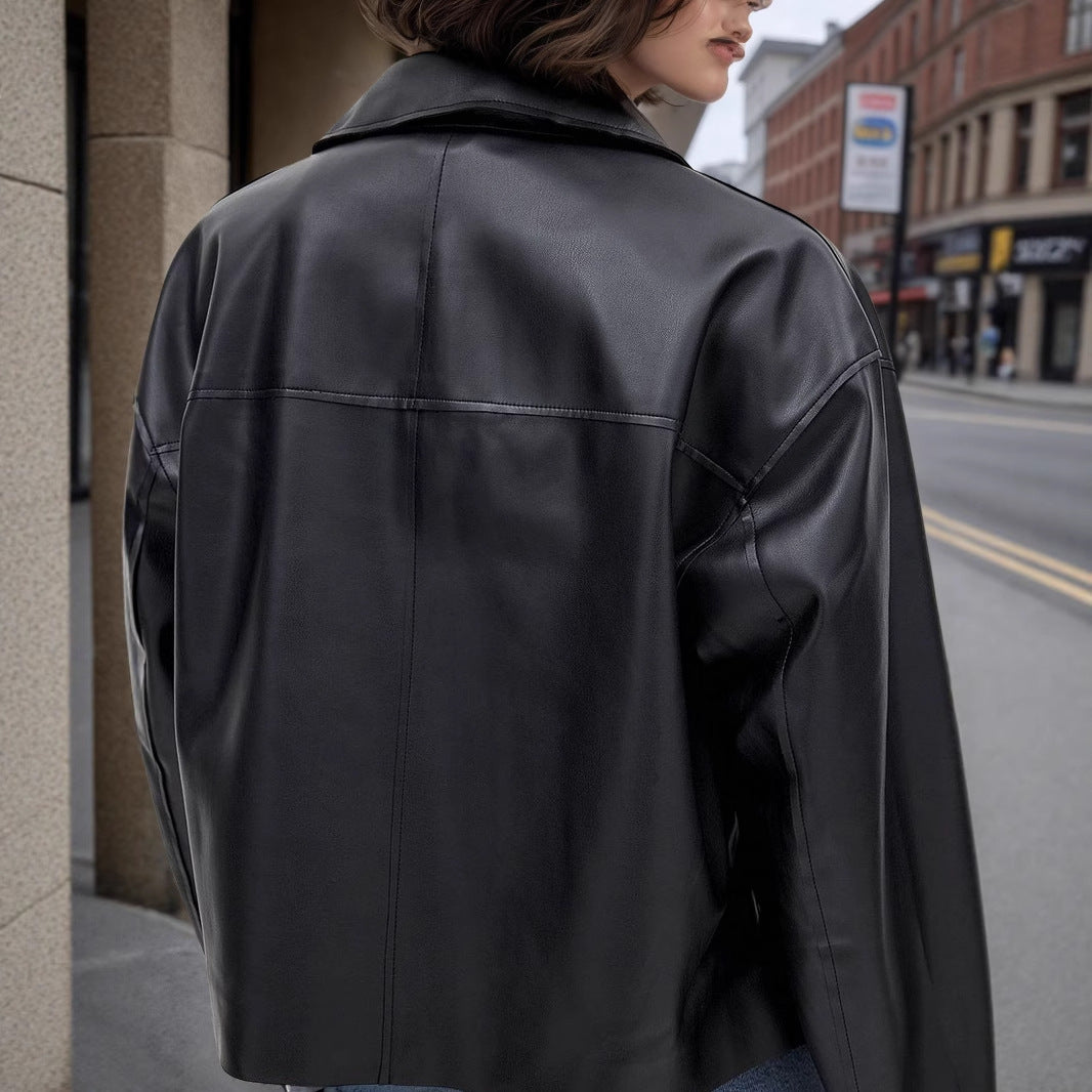 Autumn Winter Polo Collar Zipper with Double Pockets Black Cropped Leather Coat Women Cool Rustling