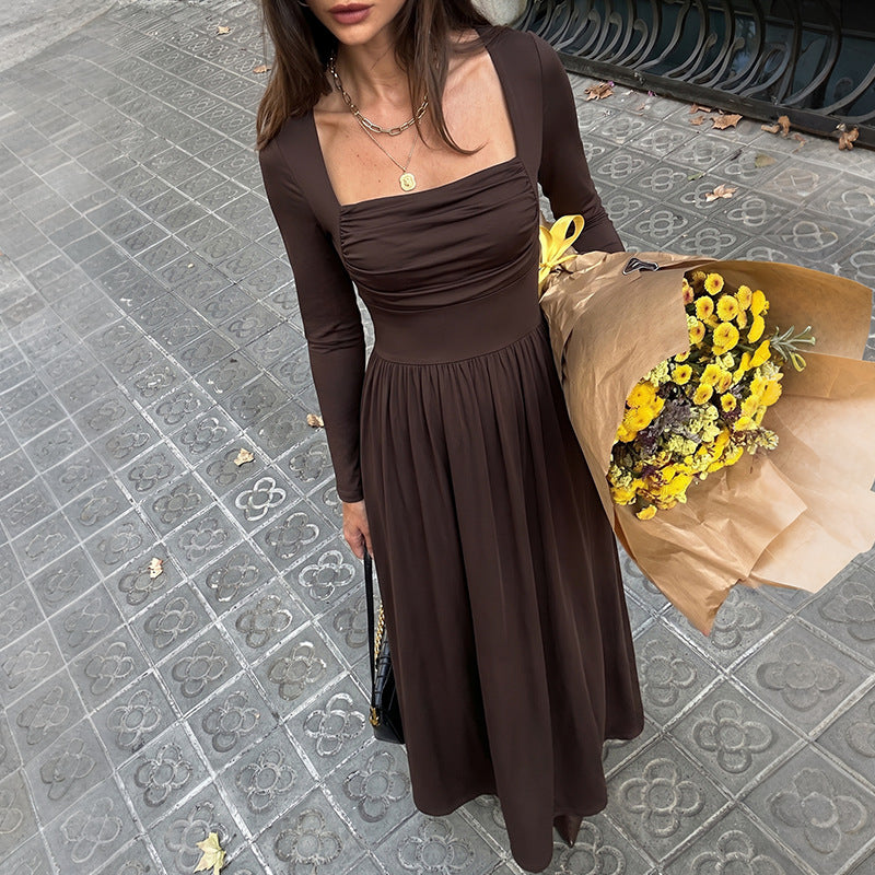 Women's Simple Retro Solid Color Square Collar Pleated Long Sleeve Dress