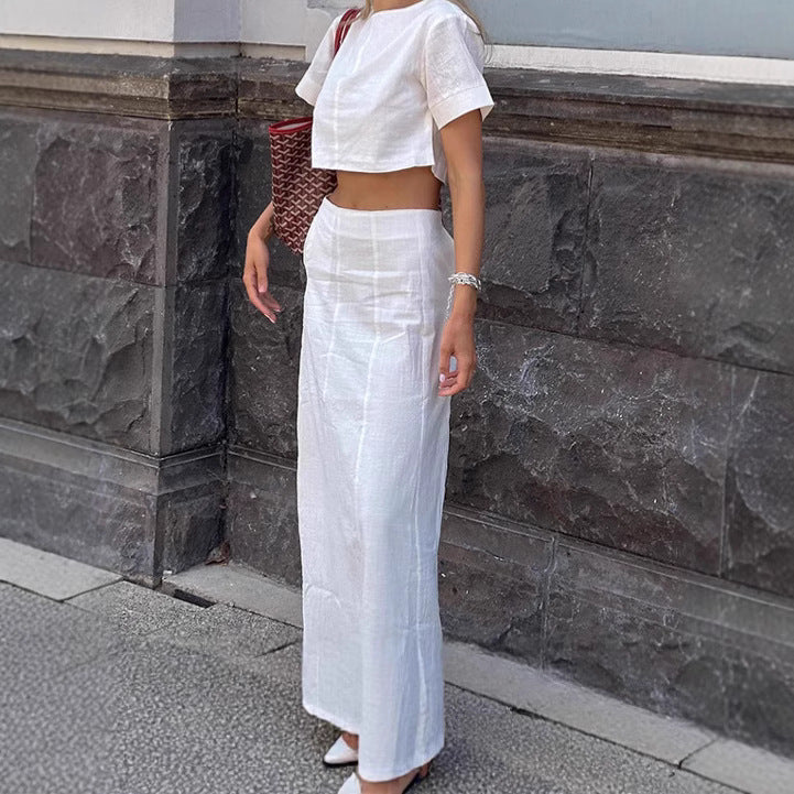Women's Faux-Linen Cropped Top & High-Waist Skirt Two-Piece Set