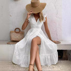V-Neck Flutter-Sleeve Ruffle Split Maxi Dress