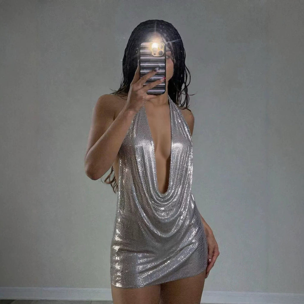 Metallic Chain Halter Mini Dress