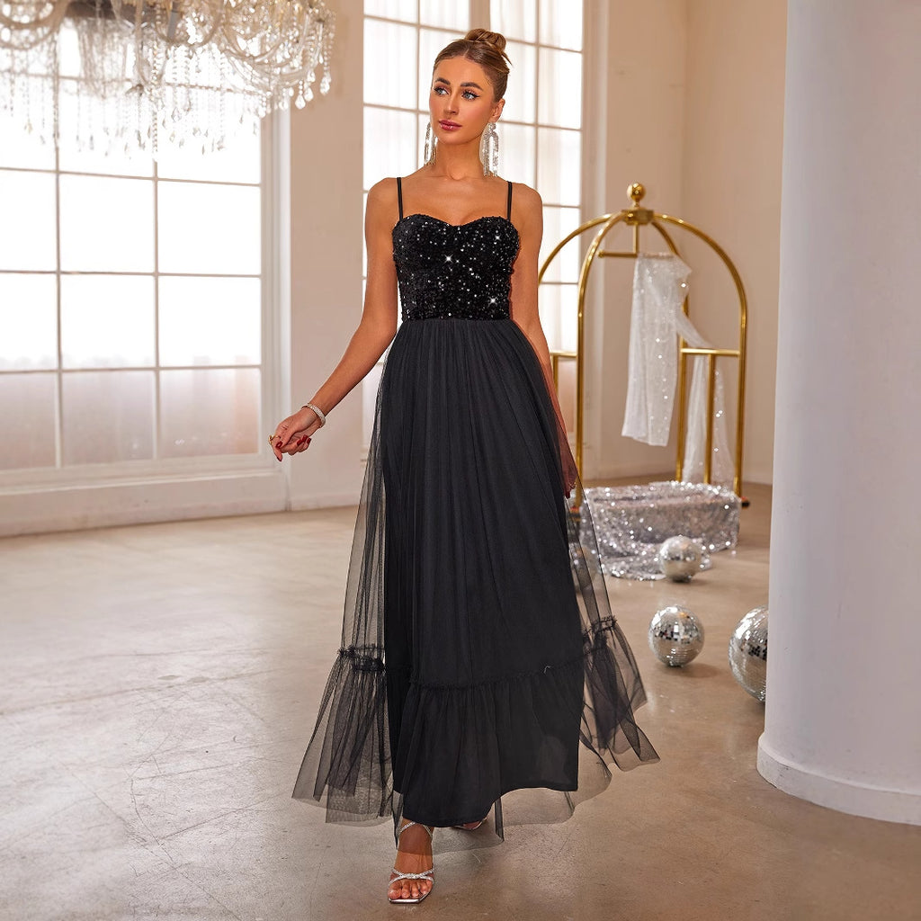 Sweetheart Sequin Mesh A-Line Maxi Dress