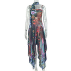 Multicolor floral maxi cami dress on mannequin with sheer long sleeves and draped hem