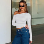 Women Clothing Summer Personality Oblique Shoulder Asymmetric Solid Color Cropped Top Women