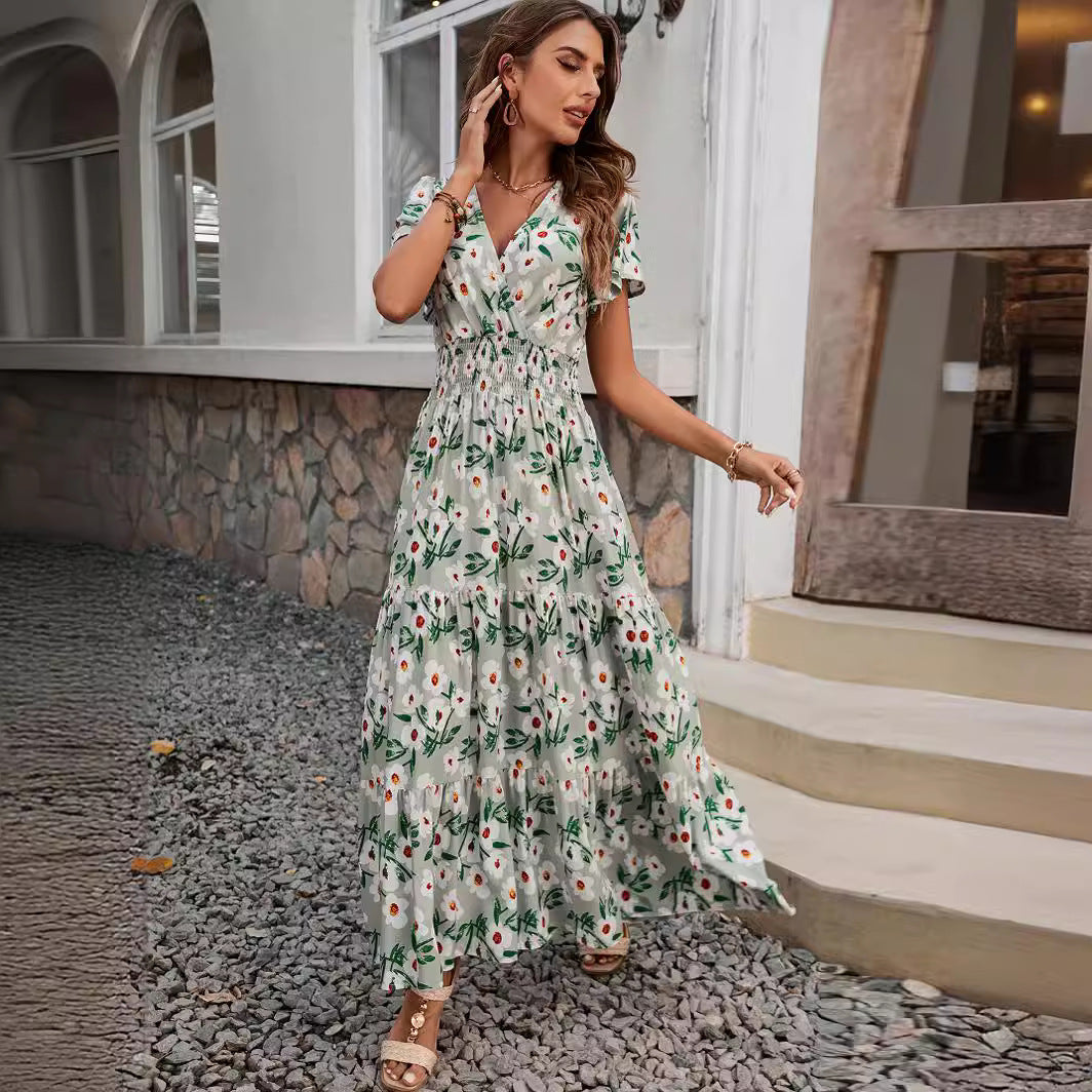 Floral V-Neck Butterfly-Sleeve Ruffle A-Line Maxi Dress