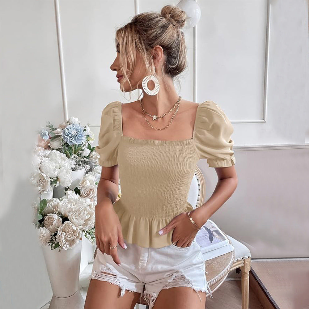 Women's French Square Neck Smocked Puff Sleeve Top