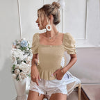 Women's French Square Neck Smocked Puff Sleeve Top