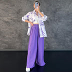 Women's Casual Long Sleeve Printed Shirt High Waist Slit Wide Leg