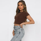 Women's Summer Women Solid Color Short Cropped Top Cotton Stretch Slim Round Neck T-Shirt For Women