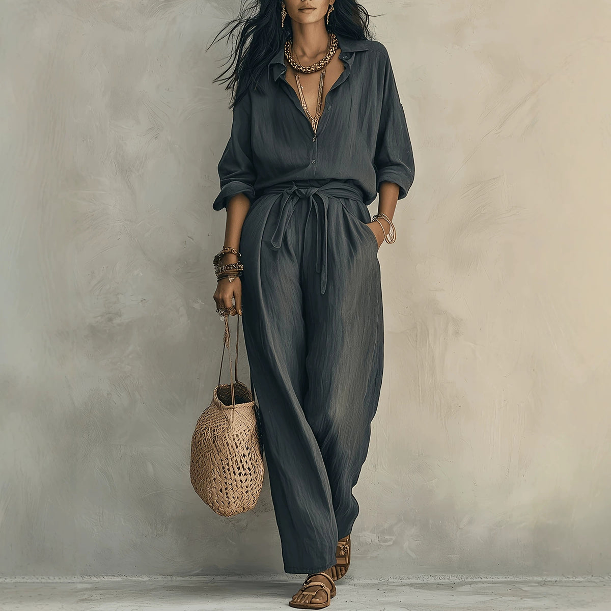 Women's Polo Shirt and Loose Trousers Two-Piece Set