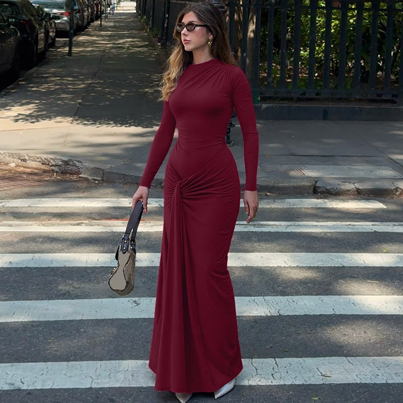 Women's Summer Waist Controlled Lace up Sheath Dress Solid Color Slim Fit Long Sleeves Dress