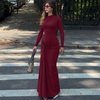 Women's Summer Waist Controlled Lace up Sheath Dress Solid Color Slim Fit Long Sleeves Dress
