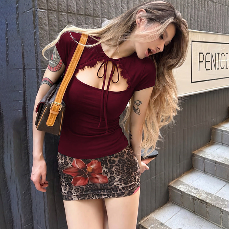 Women Clothing Summer Solid Color Short Sleeve Lace Lace CO