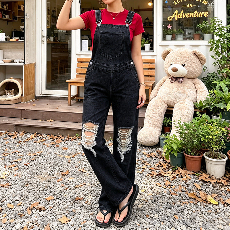 Suspender Pants Women Washed Cotton Black HW Ripped