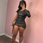 Women's Faux-Leather Asymmetric Lace-Up Long-Sleeve Bodycon Mini Dress