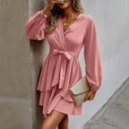 Elegant Dress Waist Lace Up Slimming V Neck Dress Women