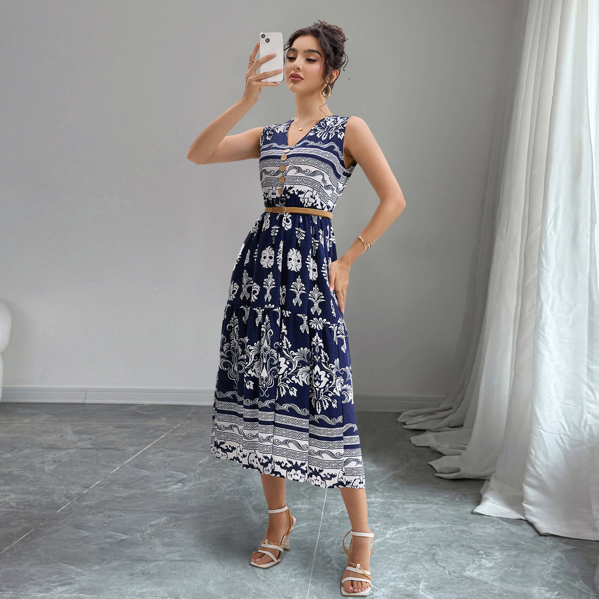 Bohemian V-Neck Sleeveless Midi Dress