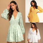 Women's Smocked Chiffon V-Neck Lantern-Sleeve Dress