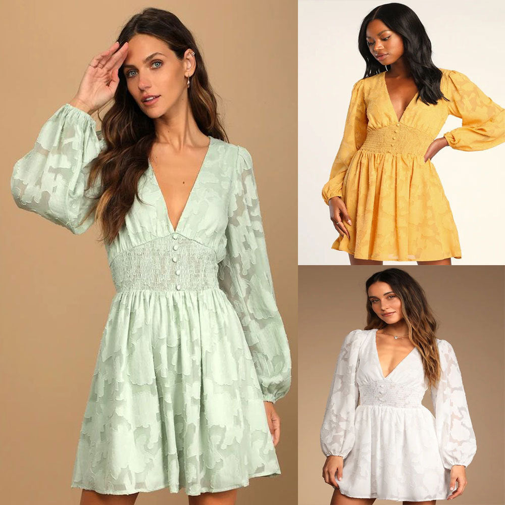 Women's Smocked Chiffon V-Neck Lantern-Sleeve Dress