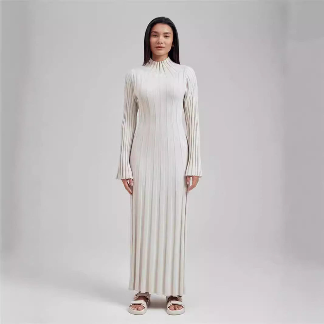 Mock-Neck Belted Long-Sleeve Sweater Bodycon Maxi Dress