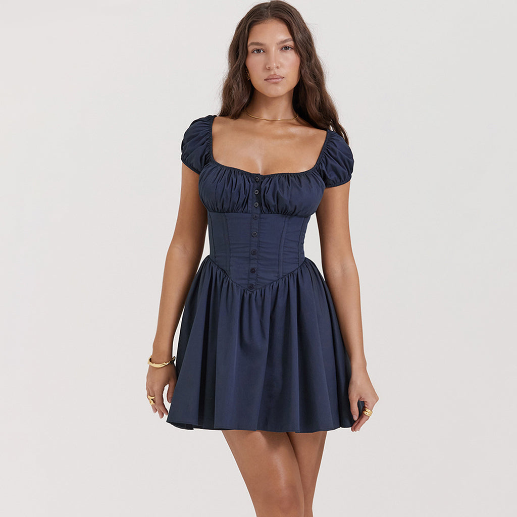 Sweet Spicy Women Dress Boning Corset Slim Fit Puff Sleeve Square Collar Dress Wom