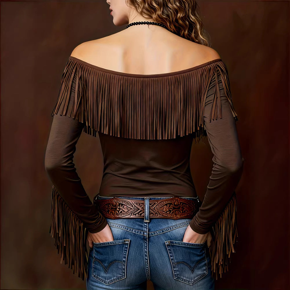 Women's Spring Autumn Women Clothing Tassel Top Long Sleeve Retro Tight Sexy