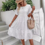 Cotton Embroidered Lace Short-Sleeve A-Line Midi Dress