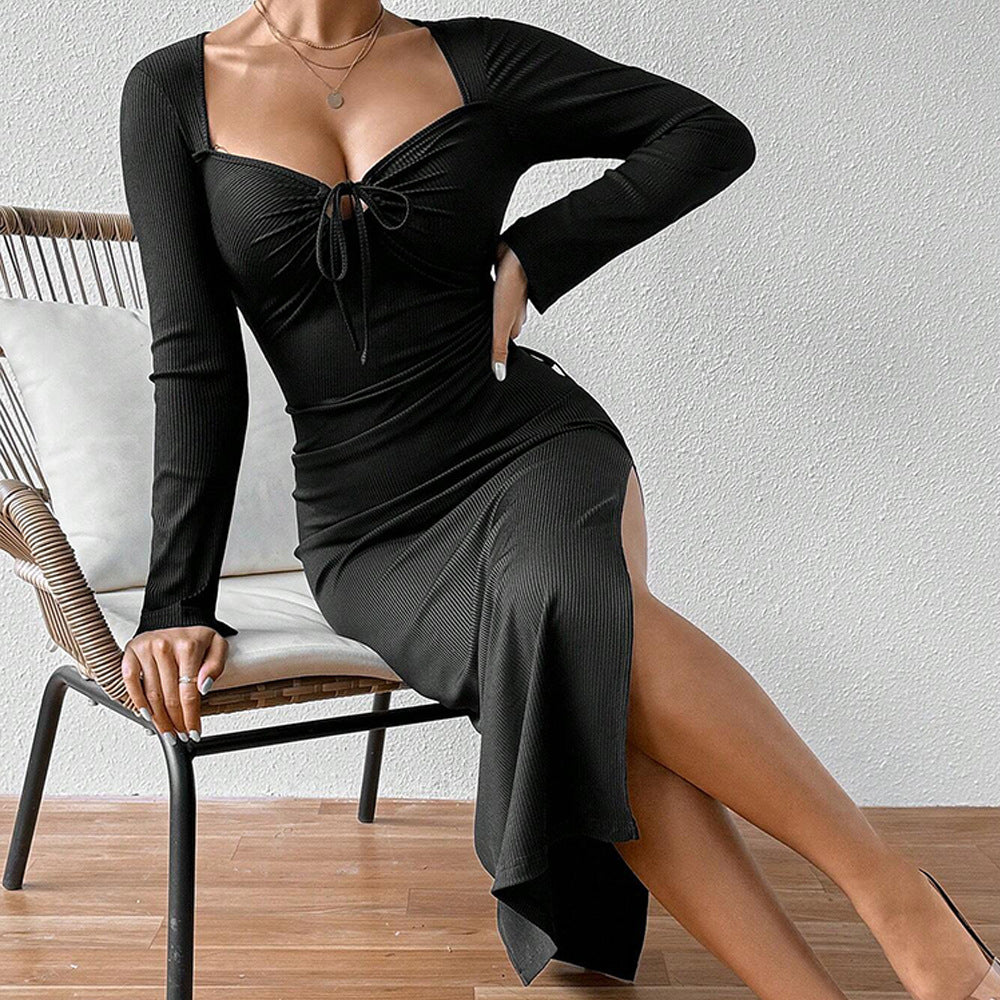 Women's V-Neck Ruched Slit Bodycon Maxi Dress