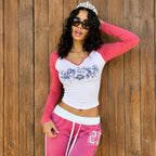 Women's Printed V Neck Raglan Top