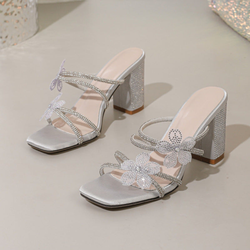 Women's Butterfly Rhinestone Thick-Heel Sandals