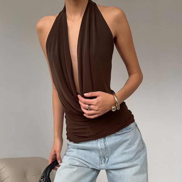's Low Cut Halter Swing Collar Sleeveless Vest French Minority Top