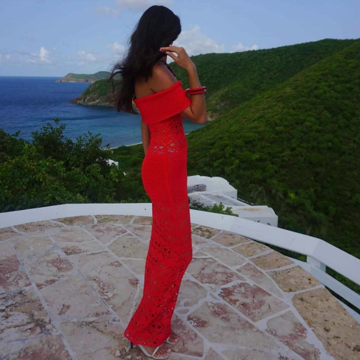 Off-Shoulder Short-Sleeve Knit Bodycon Maxi Dress