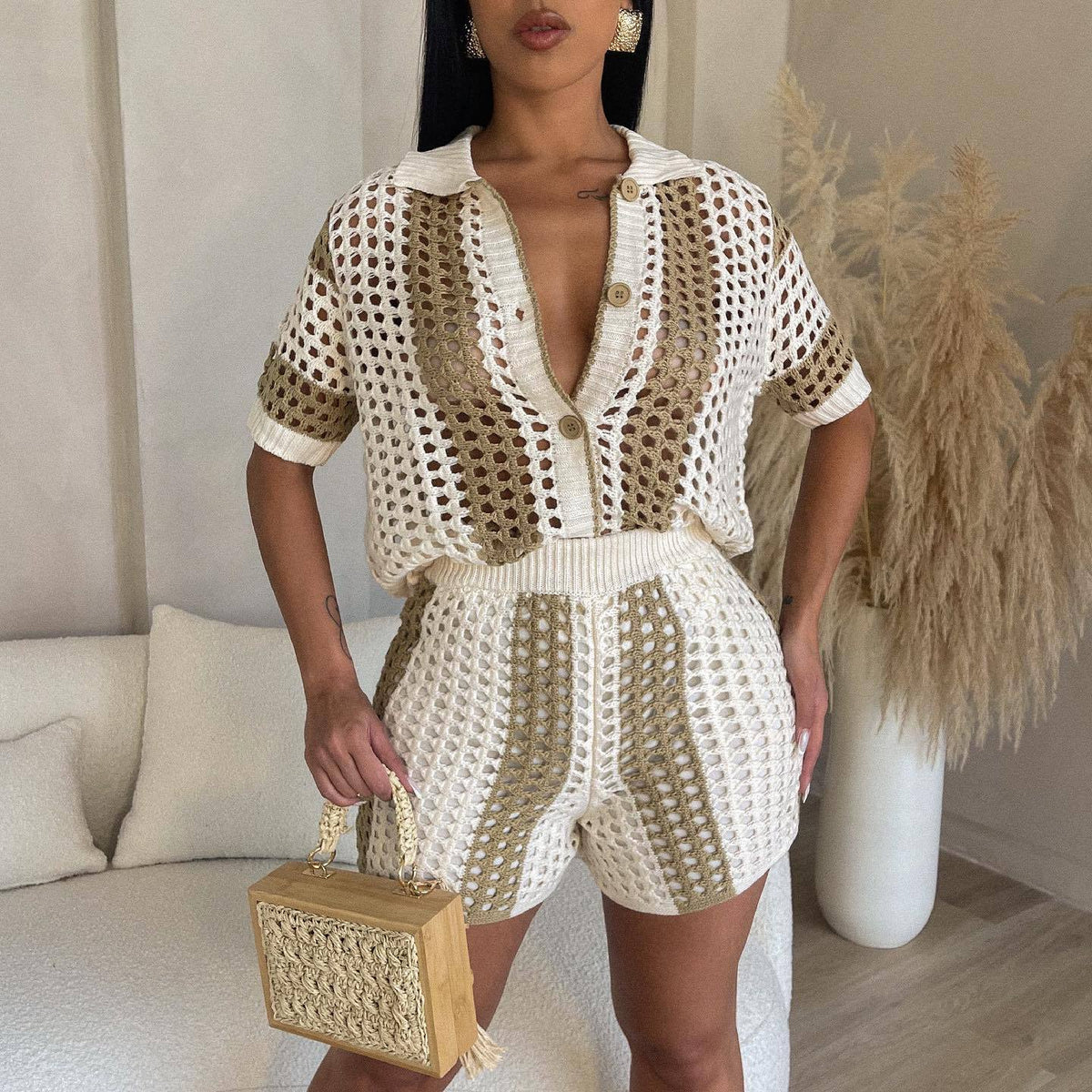 Hollow Out Cutout See Through Collared Knitted Shorts Suit