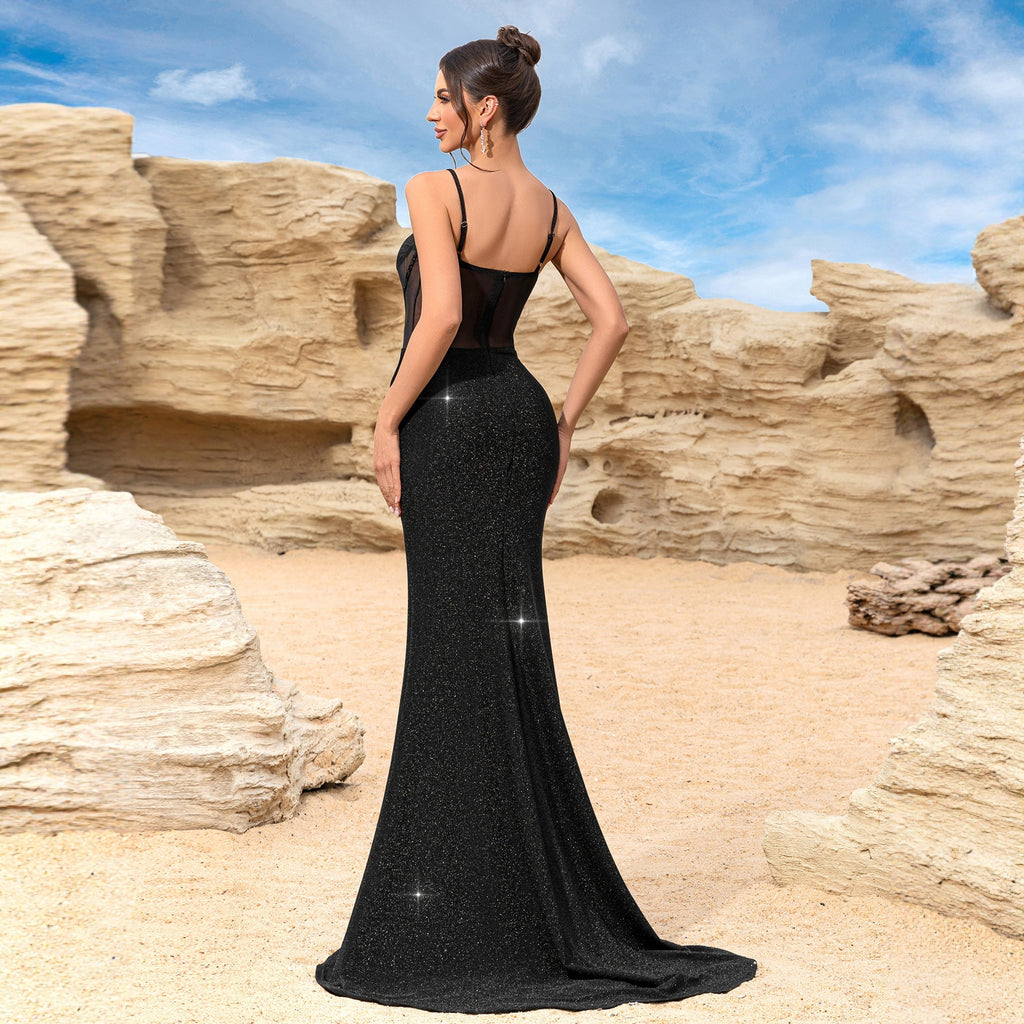 Women's Rhinestone V-Neck Boned Slit Evening Maxi Dress