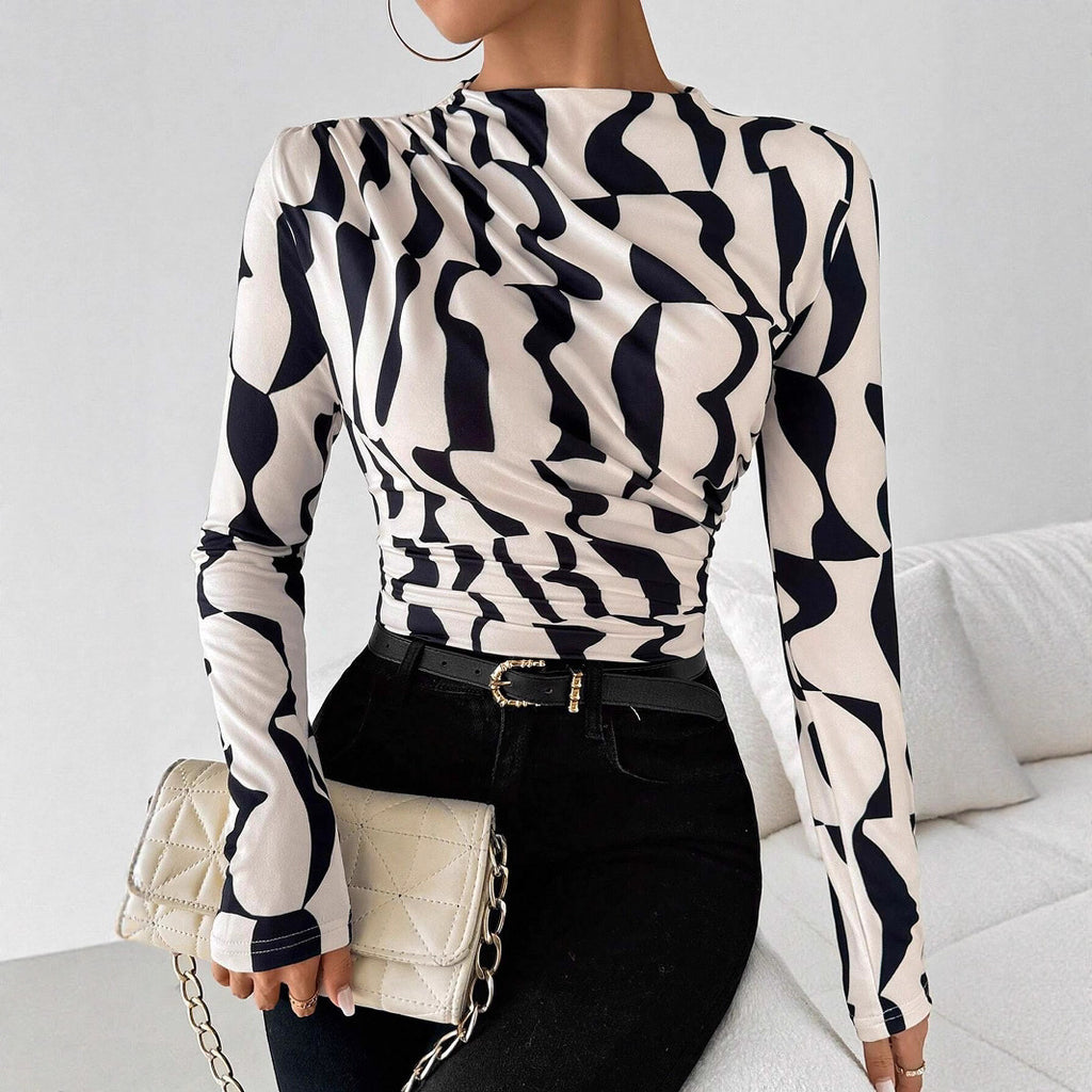 Pleated-Edge Printed Slim-Fit Top