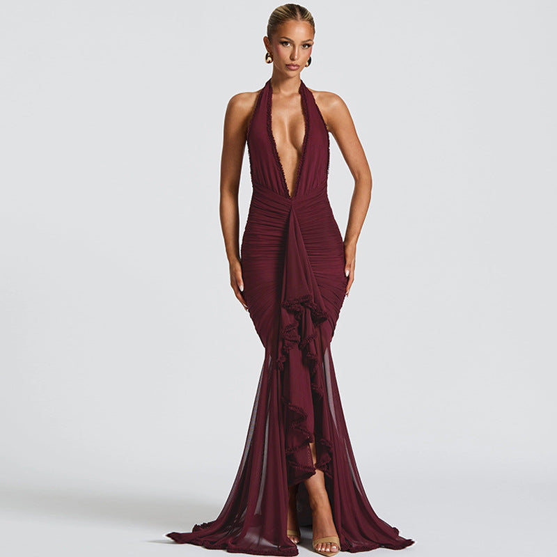 Women's Mesh Halter Backless Bodycon Maxi Dress