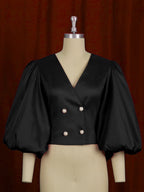 Women's V Neck Lantern Sleeve Button Cardigan Slim Fit Short Rose Red Party Women Shirt Top