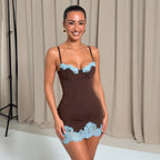 Women's Sheath Dress Low Cut Lace Stitching Contrast Color Street