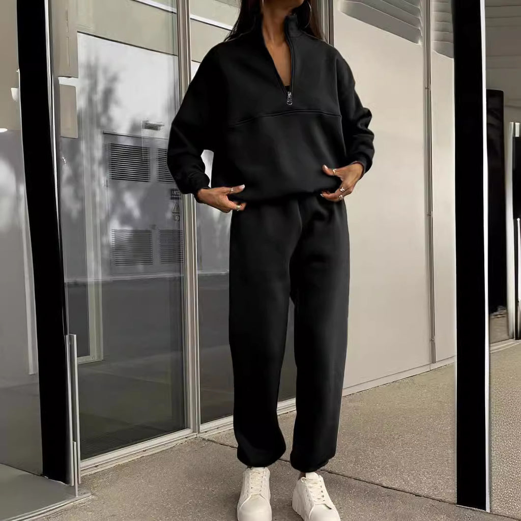 Autumn Winter Zipper Collared Solid Color Casual Two-Piece Set