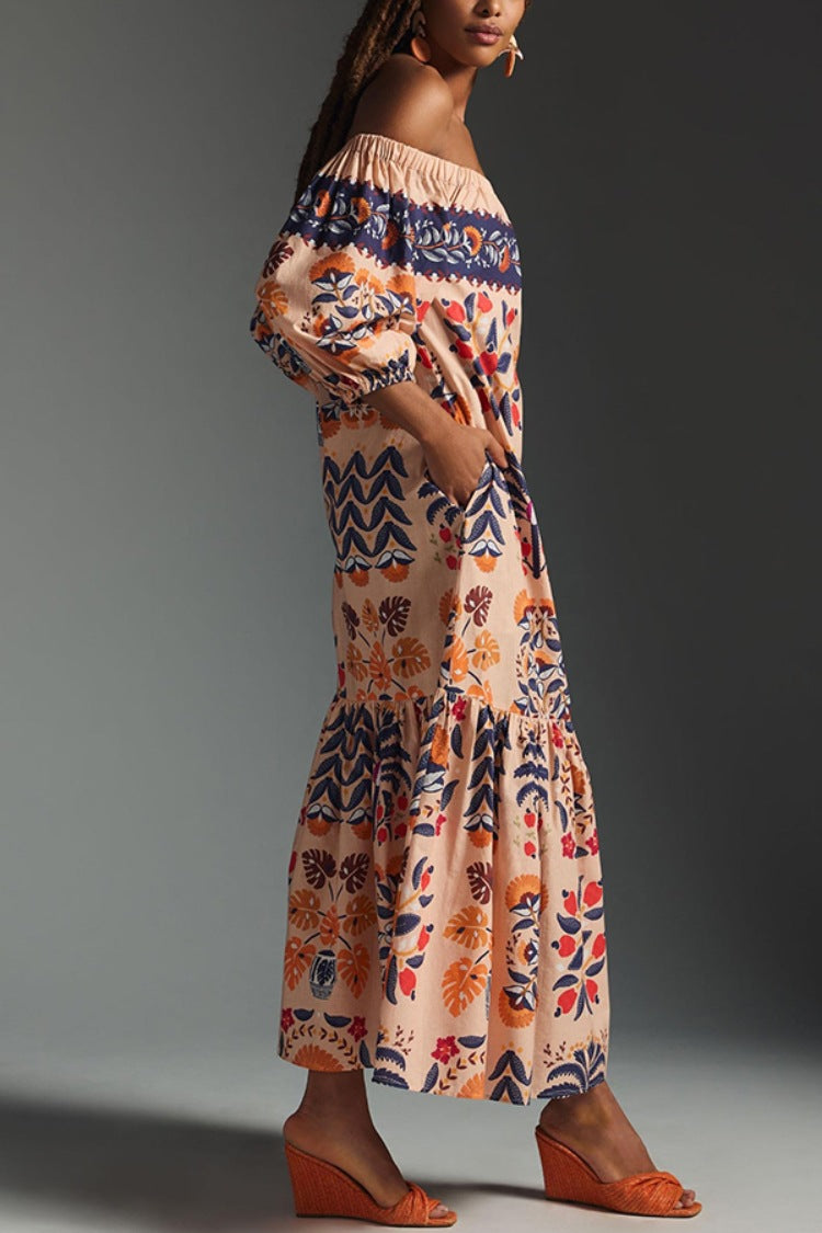 Retro Floral Print Off-Shoulder Loose Pockets Dress
