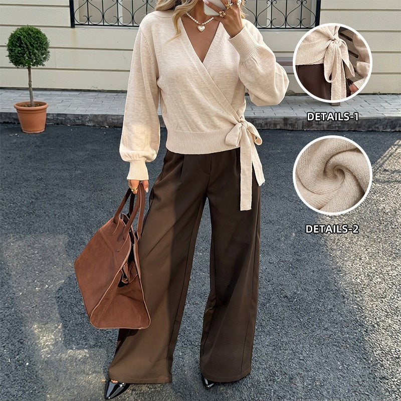 Autumn Winter Knitted Top Irregular Asymmetric Short V neck Lace up Waist Controlled Long Sleeve Sweater for Women