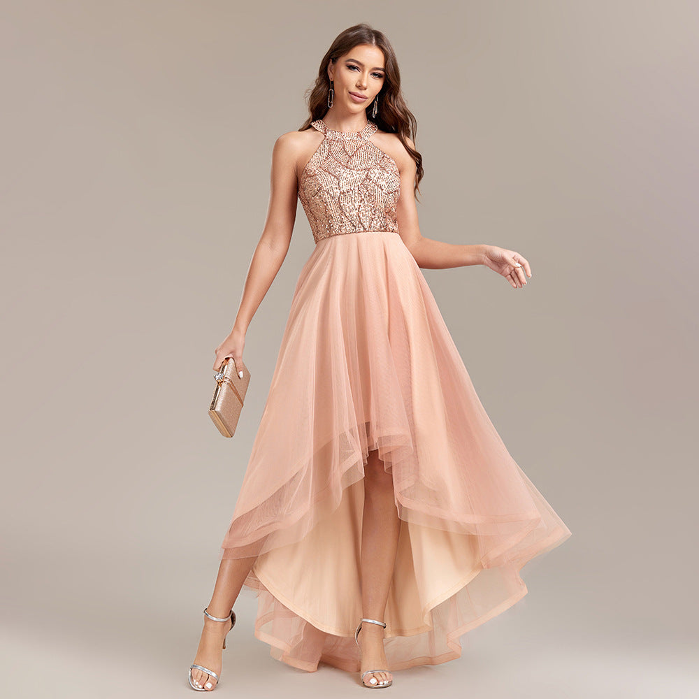 Women's Halter Sequin Lace Asymmetric Sleeveless A-Line High-Low Dress