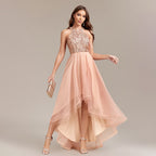 Women's Halter Sequin Lace Asymmetric Sleeveless A-Line High-Low Dress