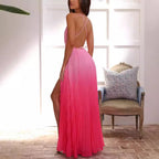 V-Neck Strappy Pleated Lace-Up Large Swing Split Vacation Dress