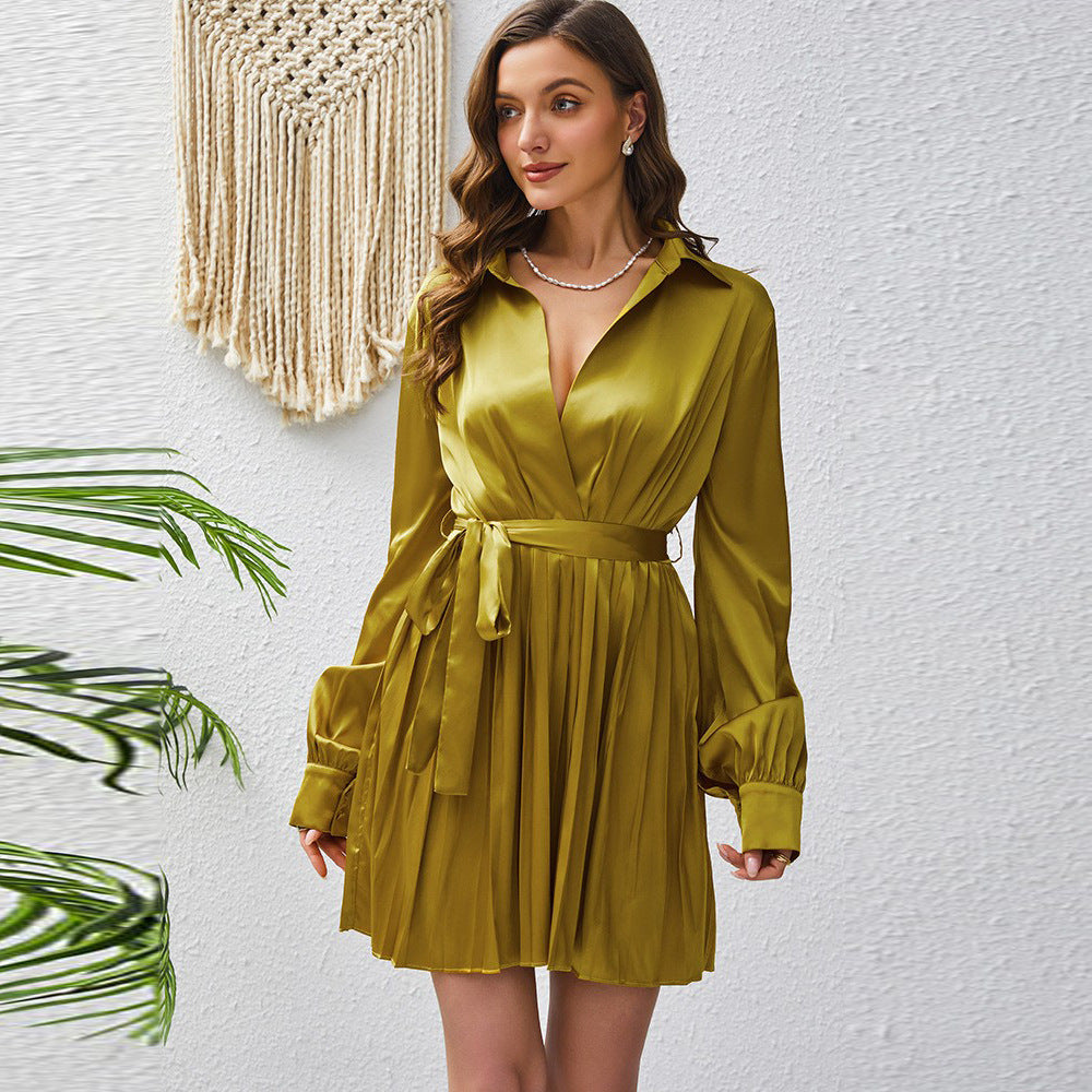 Polo-Collar Lace-Up Pleated Dress