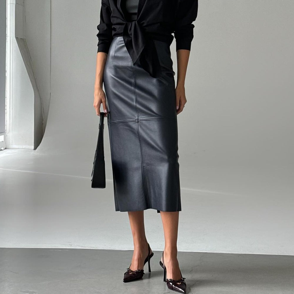 Winter High Waist Slit Faux Leather Mid Length Hip Skirt