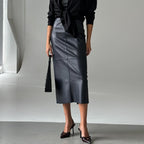 Winter High Waist Slit Faux Leather Mid Length Hip Skirt