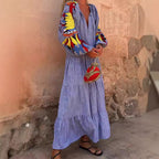 Long Sleeve Arrival V-Neck Lantern Sleeve Striped Printed Dress