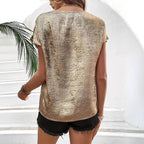 Women Clothing Lace V neck T shirt Loose Satin Short Sleeved Top